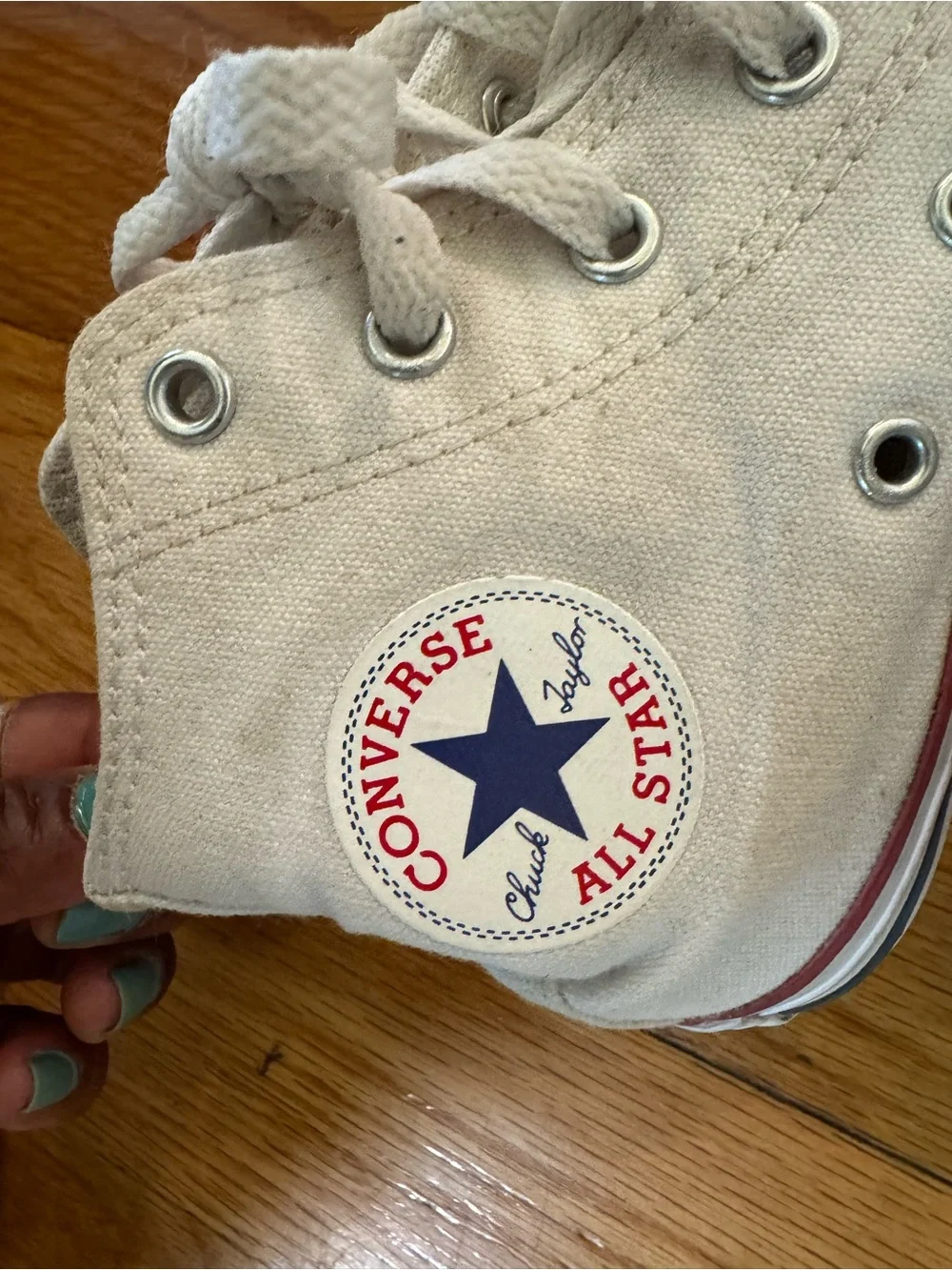 Converse White Canvas High Top with Navy Star and Red Accents